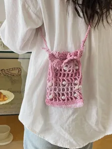 Roze gehaakte parel mini crossbody tas schattig geweven telefoon tasje strand vakantie