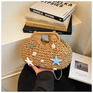 Borsa a mano in paglia intrecciata stile oceano donna con decorazioni conchiglia stella perla spiaggia.