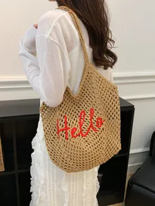 Damen Häkel Schultertasche, lässige Strandtasche aus Baumwolle mit roter Hello Stickerei