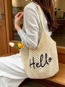 Beige Häkel-Umhängetasche für Damen ausgehöhlte Strick-Tragetasche lässige Strandtasche mit Hello