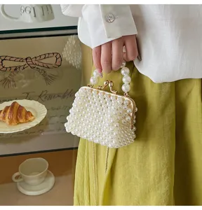 Pearl beaded mini handbag, cute kiss lock clutch with pearl handle and chain strap for women.