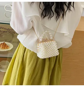 Mini pearl beaded cross-body bag cute kiss-lock handbag with chain strap for women.