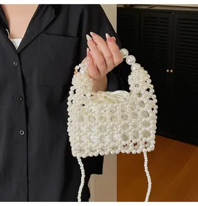 Bolso de mano de perlas falsas hecho a mano elegante bolso bandolera de satén mini