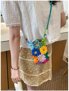 Handgefertigte Häkelblumen Handytasche, süße bunte Strick Umhängetasche Produktdetails.