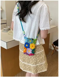 Bunte Häkelblumen Handytasche, handgemachte Woll Umhängetasche, süßer Regenbogen Stil.