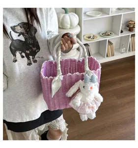 Korean style cute woven handbag with plush bunny pendant and scarf, large capacity summer beach bag.
