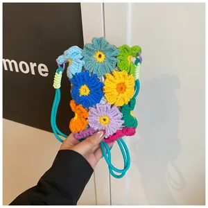 Bunte gehäkelte Blumen Handytasche handgemachte gewebte Umhängetasche für süße Mädchen Damen.
