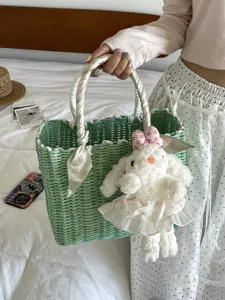 Women Woven Tote Bag Plastic Handbag With Silk Scarf Rabbit Pendant Large Capacity Casual Summer Beach Shopper