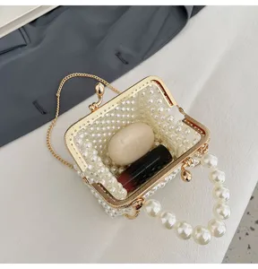 Cute mini pearl beaded handbag with clasp closure, trendy woven crossbody bag for women.