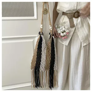 Boho fringe cotton mesh shoulder bag detail view, casual hollow beach purse in tricolor.