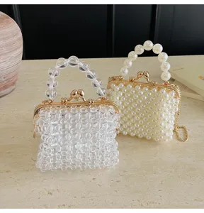 Beaded mini handbag women cute pearl coin purse vintage kiss lock shoulder crossbody bag