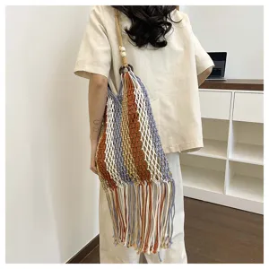 Boho long fringe cotton woven shoulder bag, hollow out summer beach net bag for women.