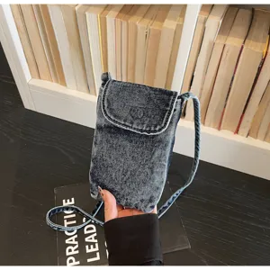 Vintage dark denim crossbody phone bag, casual mini single shoulder canvas bag for daily wear.