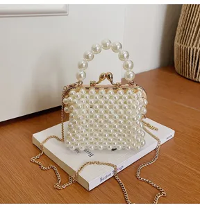 Mini pearl beaded crossbody bag with gold chain strap, elegant kiss lock closure cute purse.