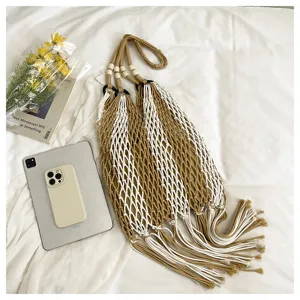 Boho long fringe cotton knitted shoulder bag, hollow out fishnet beach bag for women detail view