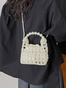 Bolso de Mano Mini de Perlas Hecho a Mano Elegante Bolso Bandolera con Bolsillo de Satén