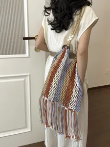 Bohemian cotton macrame fringe shoulder bag, hollow out mesh beach handbag for women.