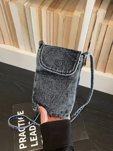 Retro minimalist denim crossbody phone bag for women, casual mini single shoulder canvas coin purse.