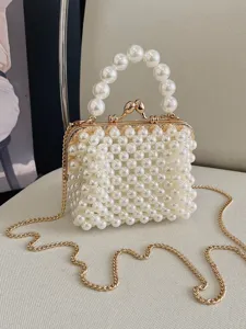 Pearl beaded mini handbag cute kiss lock shoulder bag elegant wedding party crossbody purse