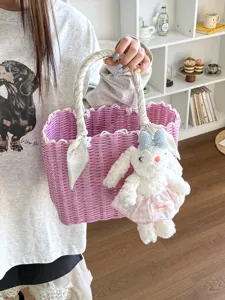 Pink woven tote bag with cute bunny pendant and stylish handle scarf, large capacity summer bag.