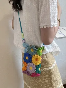 Damen Häkeln Handytasche Handgemachte Wollgarn Strick Umhängetasche Bunte Blume Schultertasche Süße Alltags Tasche