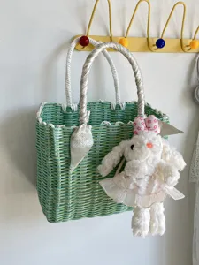 Korean style woven handbag with cute plush bunny pendant, large capacity summer beach bag.