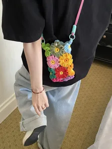 Handgehäkelte Blumen Handy Tasche bunte Wolle Umhängetasche süße tägliche Mini Schultertasche