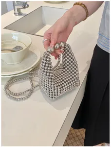 Silver metallic bead mini handbag, chic ball beaded crossbody bag for women, stylish summer purse.