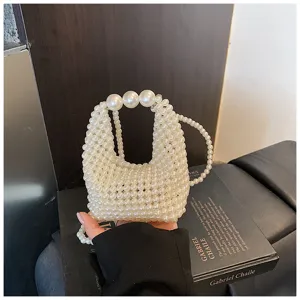 Sweet style mini pearl beaded handbag, chic versatile summer tote single-shoulder bag.