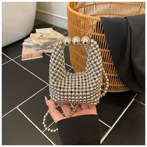 Silver metallic ball beaded mini handbag stylish top handle crossbody bag for women summer.