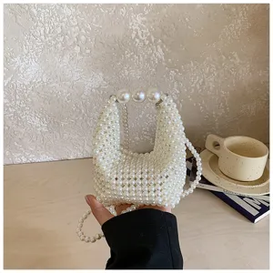 Chic mini pearl beaded handbag for women, sweet style summer handmade shoulder crossbody bag.