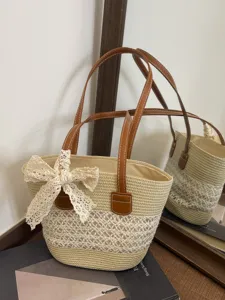 Womens Straw Woven Shoulder Bag Casual Vacation Beach Tote Handbag PU Leather Strap Bowknot Design Stylish Daily Purse