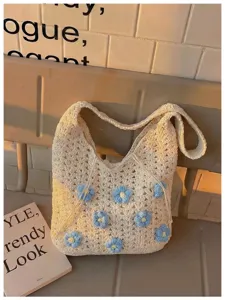 Bolso bandolera de ganchillo hecho a mano con flores azules, bolso tejido de verano.