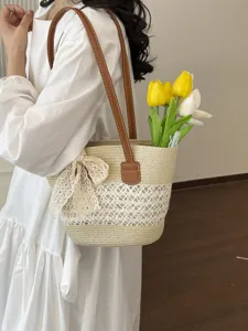 Women straw woven shoulder bag beach vacation hollow out handbag stylish trendy tote bag