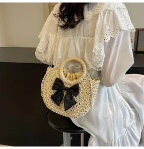 Bolso de mano de paja para mujer bonito lazo bolsa de hombro de playa de verano casual
