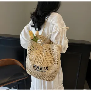 Sac cabas en paille tissée avec broderie Paris, grand sac de plage décontracté pour femme.