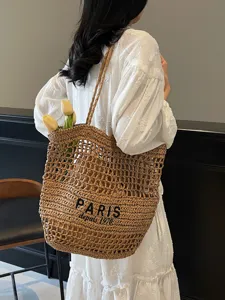 Sac cabas en paille tressée pour femme, grand sac d'épaule de plage avec broderie élégante.