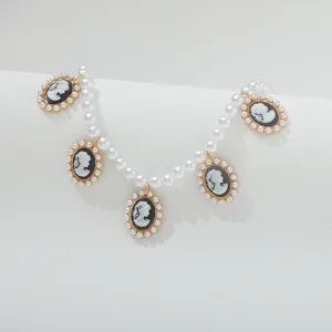 French luxury cameo portrait pendant pearl necklace vintage baroque style sweater chain for women