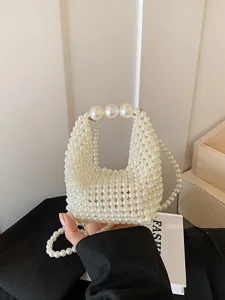 Women Fashion Mini Beaded Crossbody Bag Artificial Pearl Handbag Sweet Style Cute Shoulder Bag Daily Purse