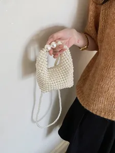 Chic mini handmade pearl beaded handbag, cute versatile shoulder crossbody bag for women.