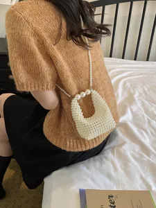 Chic sweet style mini pearl beaded handbag, trendy versatile summer shoulder crossbody bag.