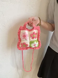 Handgemaakte gehaakte bloem crossbody tas voor dames, schattige roze gebreide handtas zomer.