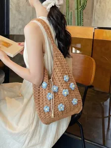 Bolso de hombro de paja tejida para mujer, diseño floral de verano, bolso cruzado dulce.