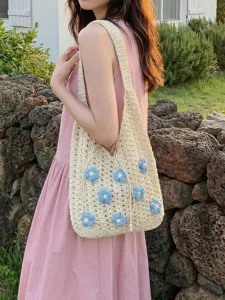Bolso de hombro tejido de gran capacidad para mujer con flores azules lindas de verano.
