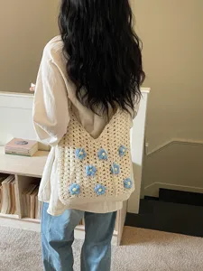 Bolso cruzado de ganchillo de gran capacidad casual para mujer, estilo floral de verano dulce.
