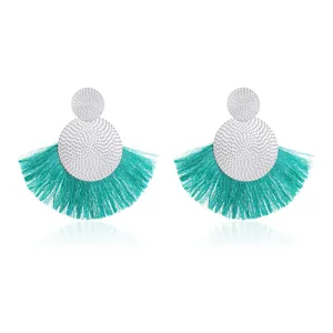 Bohemian turquoise fan tassel earrings with silver textured round top details for women.