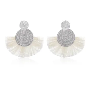 Boho fan tassel drop earrings, European style fringe statement earrings for women.