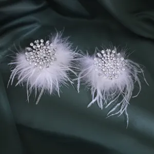 Gedetailleerd uitzicht van strass veren oorbellen, sprankelend kristal en zachte pluim.