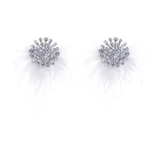 Gedetailleerde close-up van elegante orenhangers met veren en sprankelende strass.