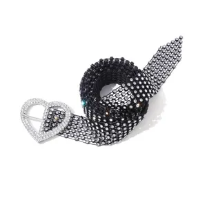 Black rhinestone mesh waist chain with sparkling heart buckle, stylish and luxury fashion belt.